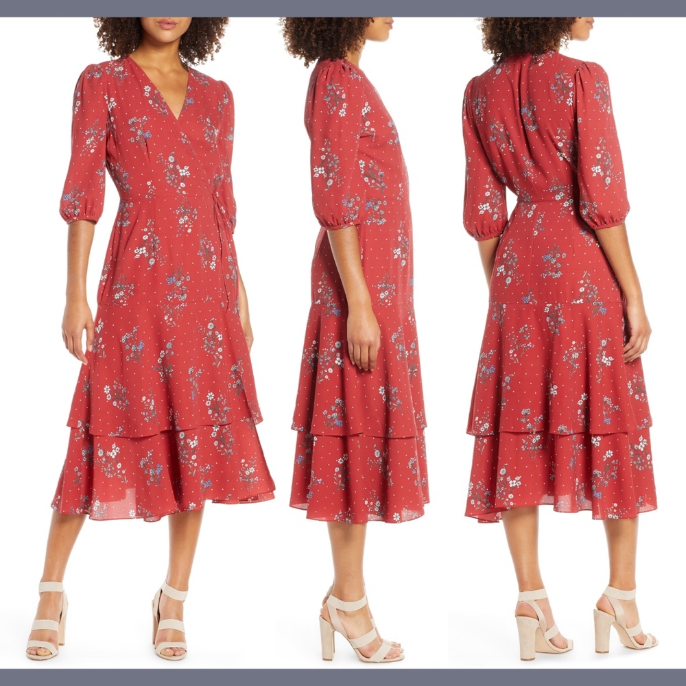 NWT $169‎ CHELSEA28 Floral Dot Print Tiered Wrap Dress in Dusty Red [SZ 6 ]